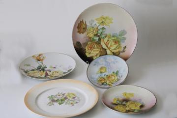 catalog photo of antique vintage yellow roses china plates lot, collection of mismatched florals
