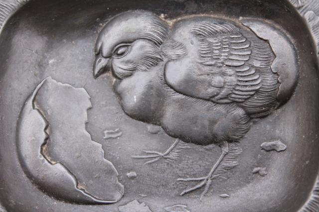 photo of antique vintage cast metal pewter tray or pin dish, embossed baby chick & egg #2