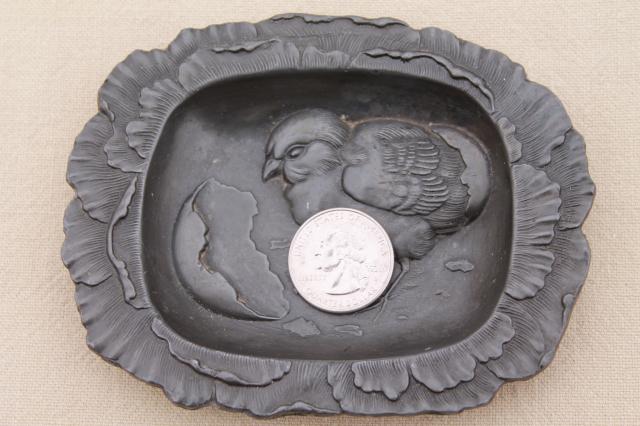 photo of antique vintage cast metal pewter tray or pin dish, embossed baby chick & egg #3