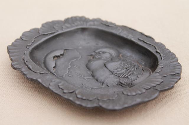 photo of antique vintage cast metal pewter tray or pin dish, embossed baby chick & egg #4