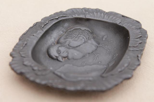 photo of antique vintage cast metal pewter tray or pin dish, embossed baby chick & egg #5