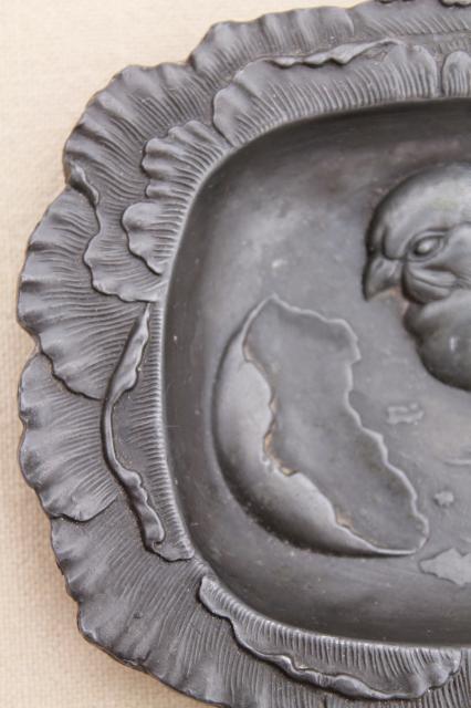 photo of antique vintage cast metal pewter tray or pin dish, embossed baby chick & egg #7