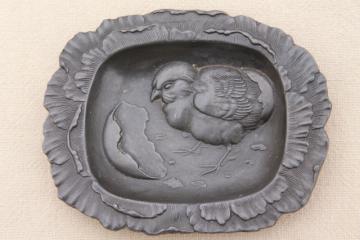 catalog photo of antique vintage cast metal pewter tray or pin dish, embossed baby chick & egg