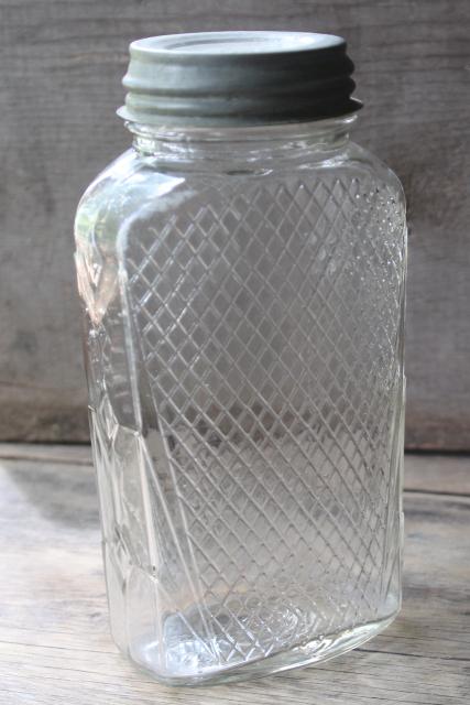 photo of antique waffle pattern glass canister hoosier jar, flattened shape quart jar #1