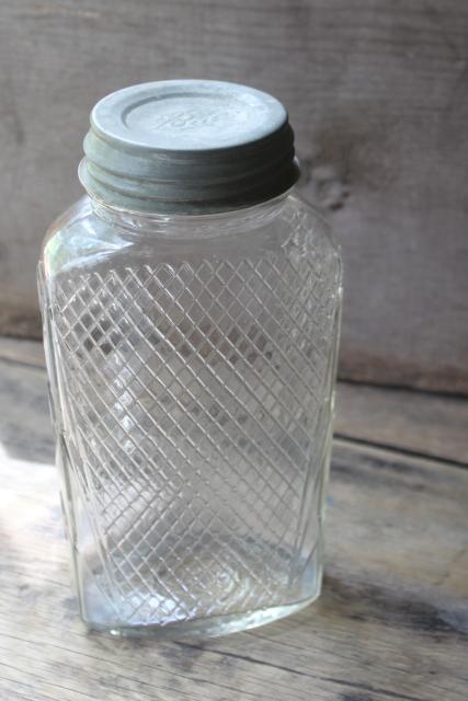 photo of antique waffle pattern glass canister hoosier jar, flattened shape quart jar #3