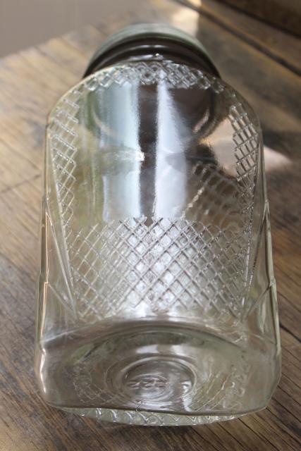 photo of antique waffle pattern glass canister hoosier jar, flattened shape quart jar #5