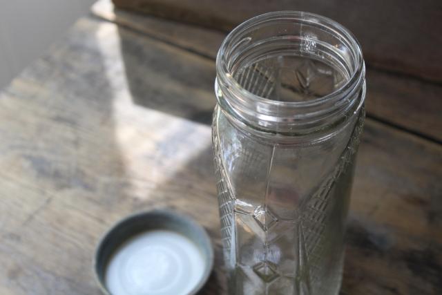 photo of antique waffle pattern glass canister hoosier jar, flattened shape quart jar #7