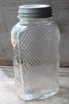 catalog photo of antique waffle pattern glass canister hoosier jar, flattened shape quart jar