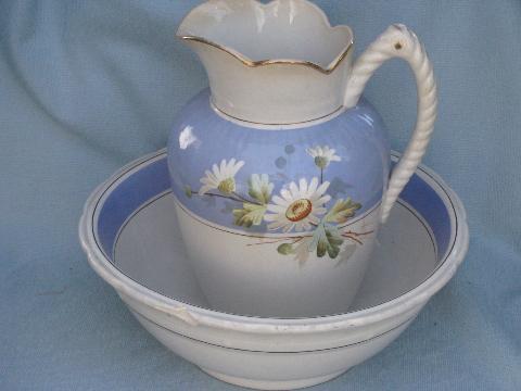 photo of antique wash stand set, shabby vintage pitcher & bowl daisies & blue #1