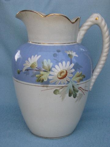 photo of antique wash stand set, shabby vintage pitcher & bowl daisies & blue #4