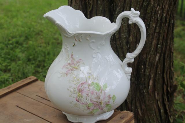 photo of antique wash stand water pitcher, lily floral pattern jug, vintage Victor porcelain china #1