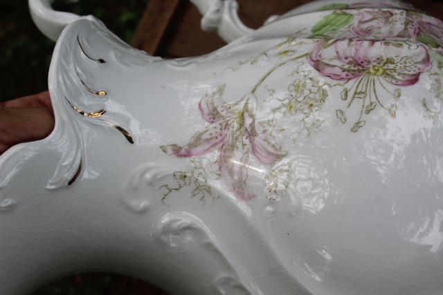 photo of antique wash stand water pitcher, lily floral pattern jug, vintage Victor porcelain china #6