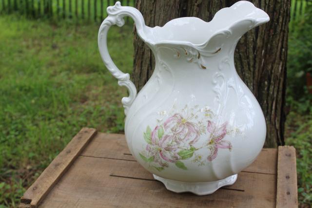 photo of antique wash stand water pitcher, lily floral pattern jug, vintage Victor porcelain china #7