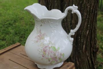 catalog photo of antique wash stand water pitcher, lily floral pattern jug, vintage Victor porcelain china