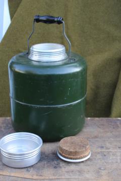 catalog photo of antique water cooler crock, army green thermos work or picnic jug 20s 30s vintage