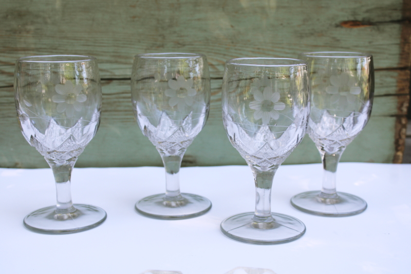 photo of antique water glasses heavy pressed glass star pattern goblets w/ flower etch early 1900s vintage  #1