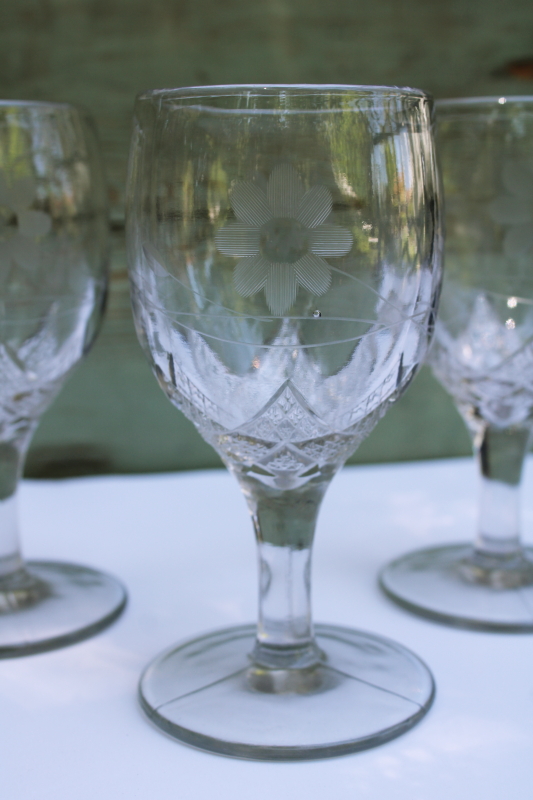 photo of antique water glasses heavy pressed glass star pattern goblets w/ flower etch early 1900s vintage  #2