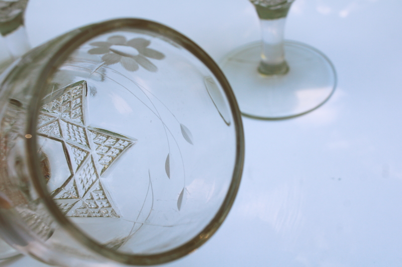 photo of antique water glasses heavy pressed glass star pattern goblets w/ flower etch early 1900s vintage  #3