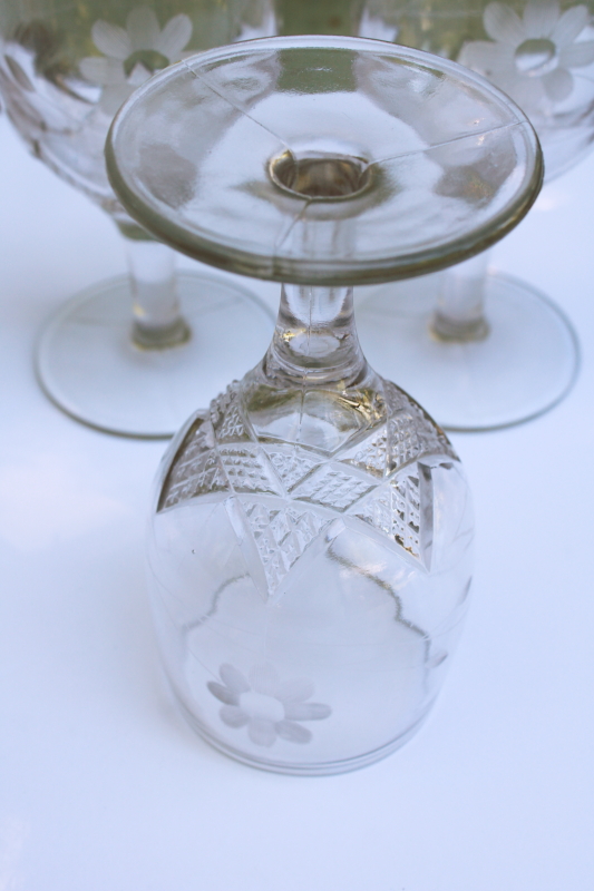 photo of antique water glasses heavy pressed glass star pattern goblets w/ flower etch early 1900s vintage  #4