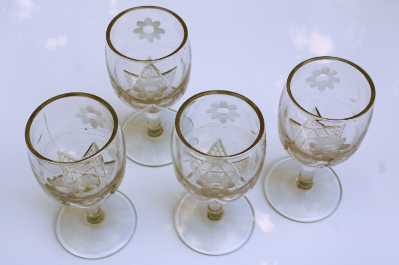 photo of antique water glasses heavy pressed glass star pattern goblets w/ flower etch early 1900s vintage  #5