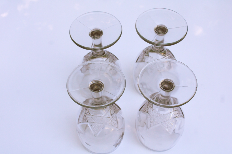 photo of antique water glasses heavy pressed glass star pattern goblets w/ flower etch early 1900s vintage  #6