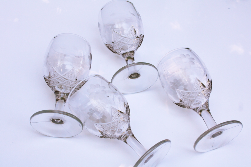 photo of antique water glasses heavy pressed glass star pattern goblets w/ flower etch early 1900s vintage  #7