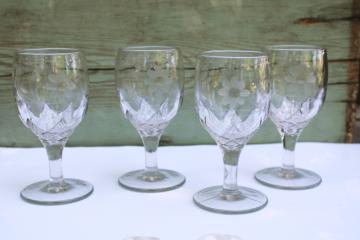 catalog photo of antique water glasses heavy pressed glass star pattern goblets w/ flower etch early 1900s vintage 