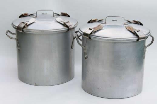 photo of antique waterless cookers, steamer pots with whistles, American Cooker No. 70 w/ 1910 patent #1