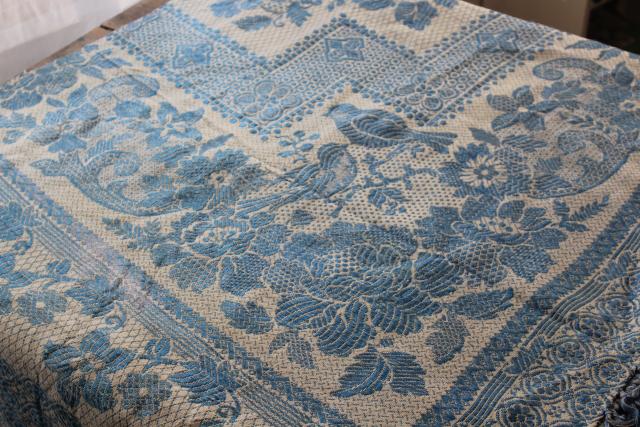 photo of antique wedding gift, shawl fringe bedspread or curtain panel, blue & white vintage fabric #1