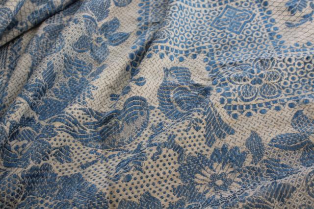 photo of antique wedding gift, shawl fringe bedspread or curtain panel, blue & white vintage fabric #2