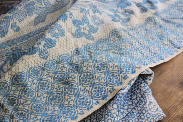 photo of antique wedding gift, shawl fringe bedspread or curtain panel, blue & white vintage fabric #5