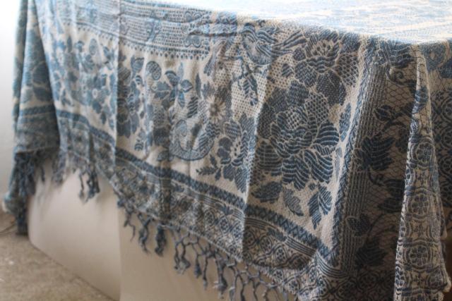 photo of antique wedding gift, shawl fringe bedspread or curtain panel, blue & white vintage fabric #9