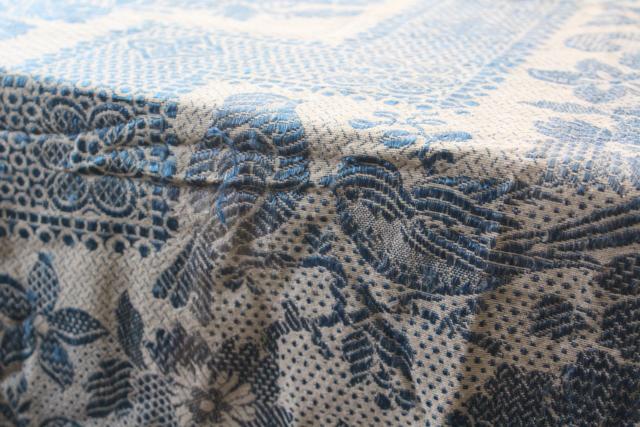 photo of antique wedding gift, shawl fringe bedspread or curtain panel, blue & white vintage fabric #11