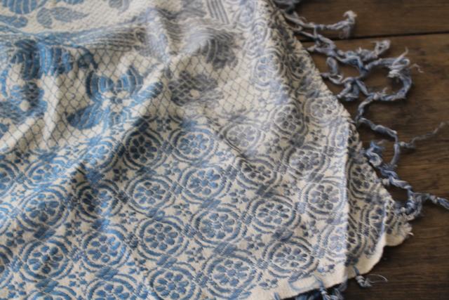 photo of antique wedding gift, shawl fringe bedspread or curtain panel, blue & white vintage fabric #13