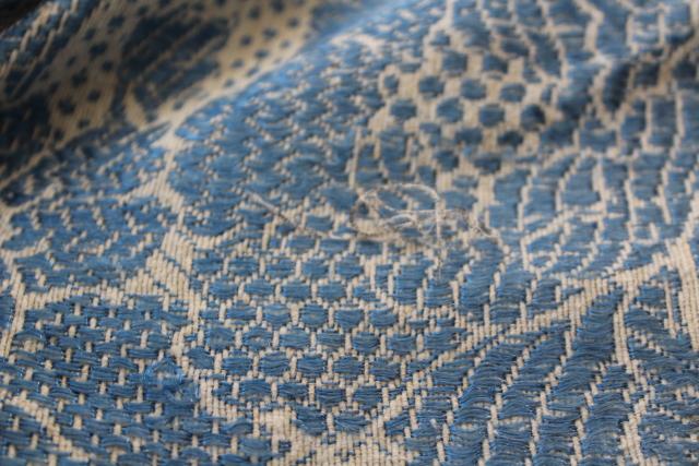 photo of antique wedding gift, shawl fringe bedspread or curtain panel, blue & white vintage fabric #14