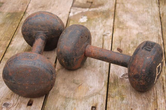 photo of antique weight lifting weights, pair of iron dumbbells, early 1900s vintage sporting equipment #2