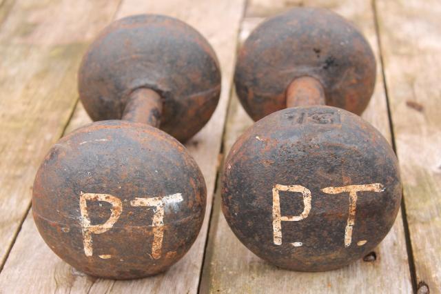 photo of antique weight lifting weights, pair of iron dumbbells, early 1900s vintage sporting equipment #4