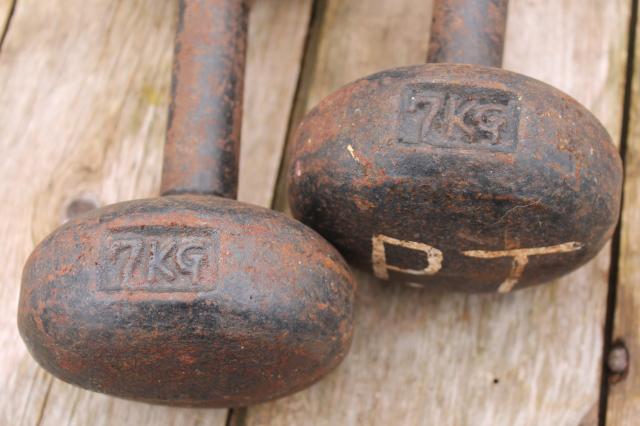 photo of antique weight lifting weights, pair of iron dumbbells, early 1900s vintage sporting equipment #5