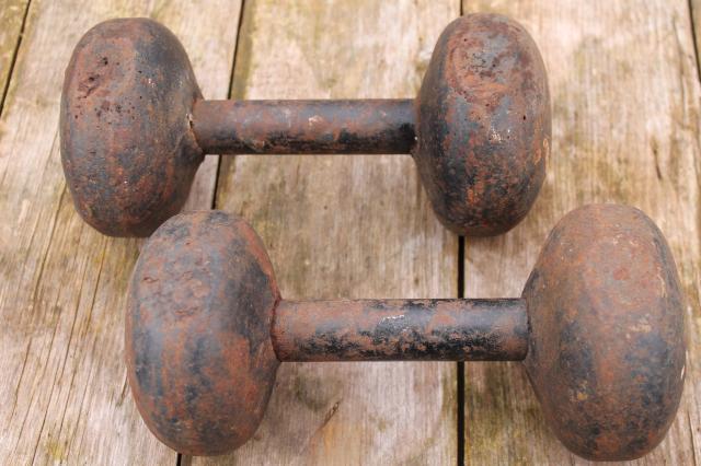 photo of antique weight lifting weights, pair of iron dumbbells, early 1900s vintage sporting equipment #7