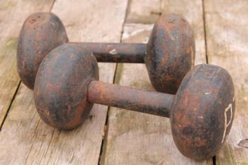 catalog photo of antique weight lifting weights, pair of iron dumbbells, early 1900s vintage sporting equipment