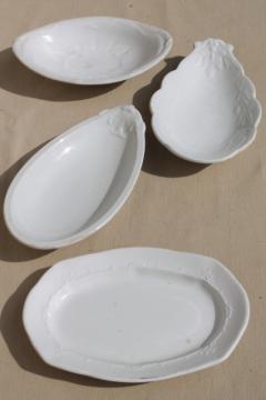 catalog photo of antique white ironstone bowls, lot of embossed china nappies & sauce dish under plates