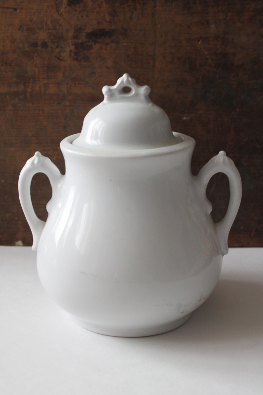 photo of antique white ironstone china biscuit jar large chunky shape, English Royal Arms mark Johnson Bros  #1