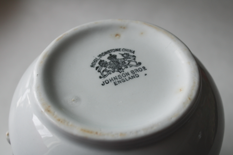 photo of antique white ironstone china biscuit jar large chunky shape, English Royal Arms mark Johnson Bros  #6