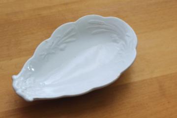 catalog photo of antique white ironstone china bowl, eggplant shaped dish embossed poppies & wheat