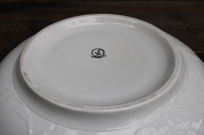 photo of antique white ironstone china bowl, embossed wash bowl basin Anchor JEN backstamp  #5