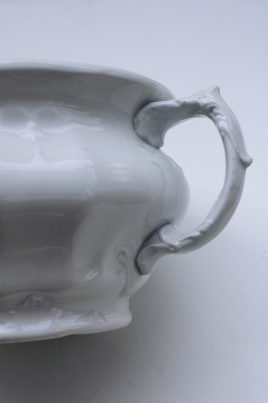 photo of antique white ironstone china chamber pot w/ embossed acanthus leaf, Johnson Bros England Royal Arms mark #2