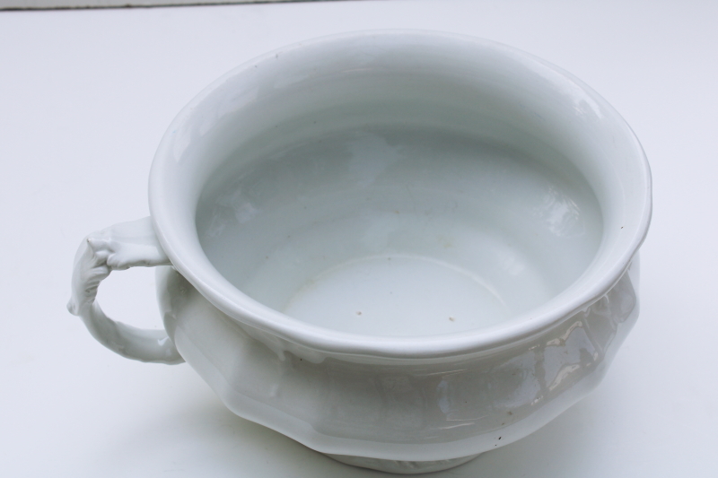 photo of antique white ironstone china chamber pot w/ embossed acanthus leaf, Johnson Bros England Royal Arms mark #3
