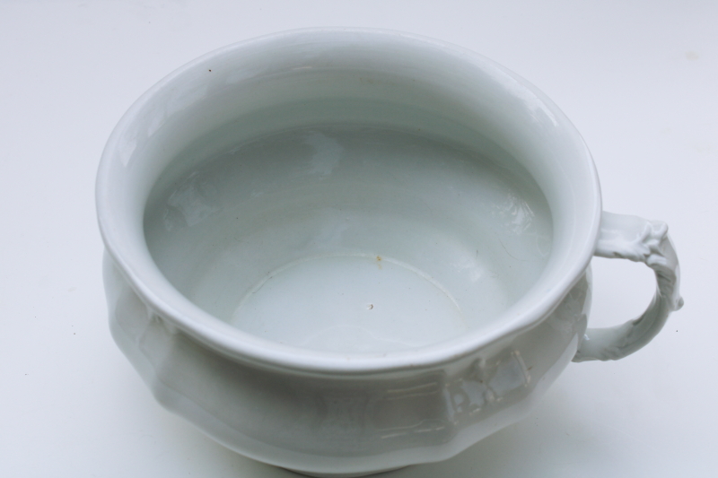 photo of antique white ironstone china chamber pot w/ embossed acanthus leaf, Johnson Bros England Royal Arms mark #6