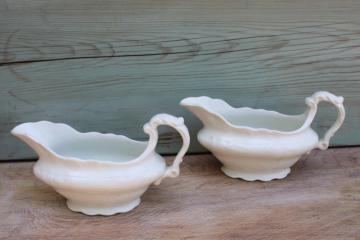 antique white ironstone china gravy boat pitchers, early 1900s vintage Johnson Bros