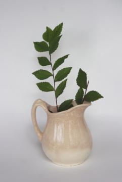 catalog photo of antique white ironstone china milk jug or pitcher, browned w/ age vintage farmhouse decor